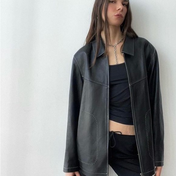 ITALIAN VINTAGE ZIP UP CONTRAST STITCH BLACK LEATHER JACKET - Picture 3 of 8